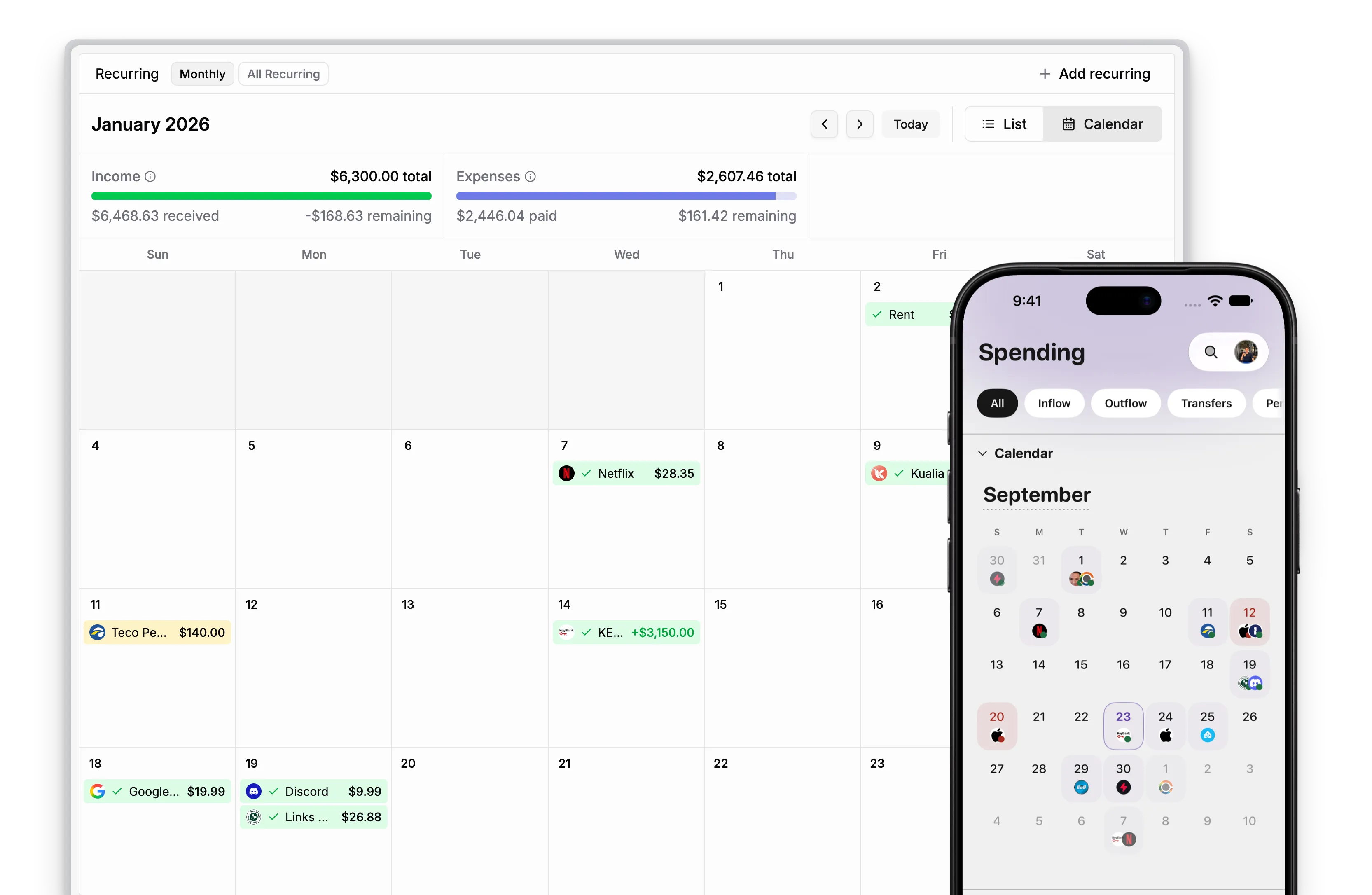 Kualia recurring bills calendar